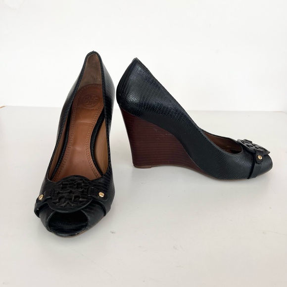 Tory Burch Shoes - Tory Burch Mini Miller Lizard Textured Leather Peep Toe Wedge Heels in Black, 7